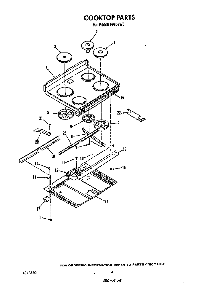 Cooktop Diagram and Parts List for F9808*0  Roper Range
