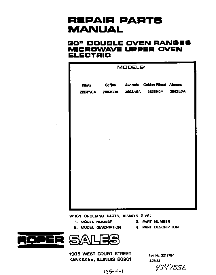 Cover Page Diagram and Parts List for 2893*0A  Roper Range