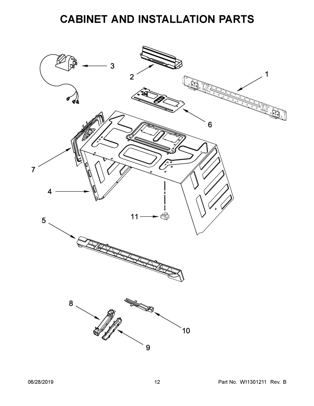 Cabinet And Installation Parts Diagram and Parts List for YWMHA9019HV1  Whirlpool Microwave