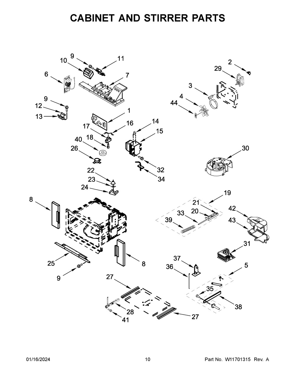 Cabinet And Stirrer Parts Diagram and Parts List for KOEC530PWH00  KitchenAid Microwave Oven Combo