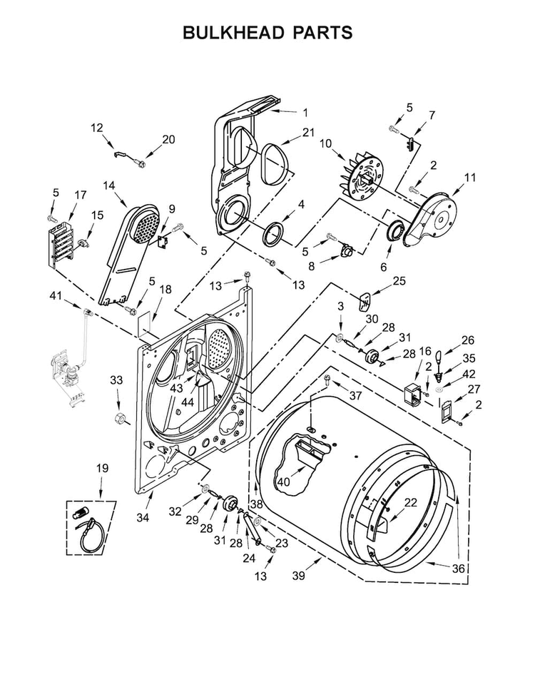 Bulkhead Parts Diagram and Parts List for WED49STBW0  Whirlpool Dryer
