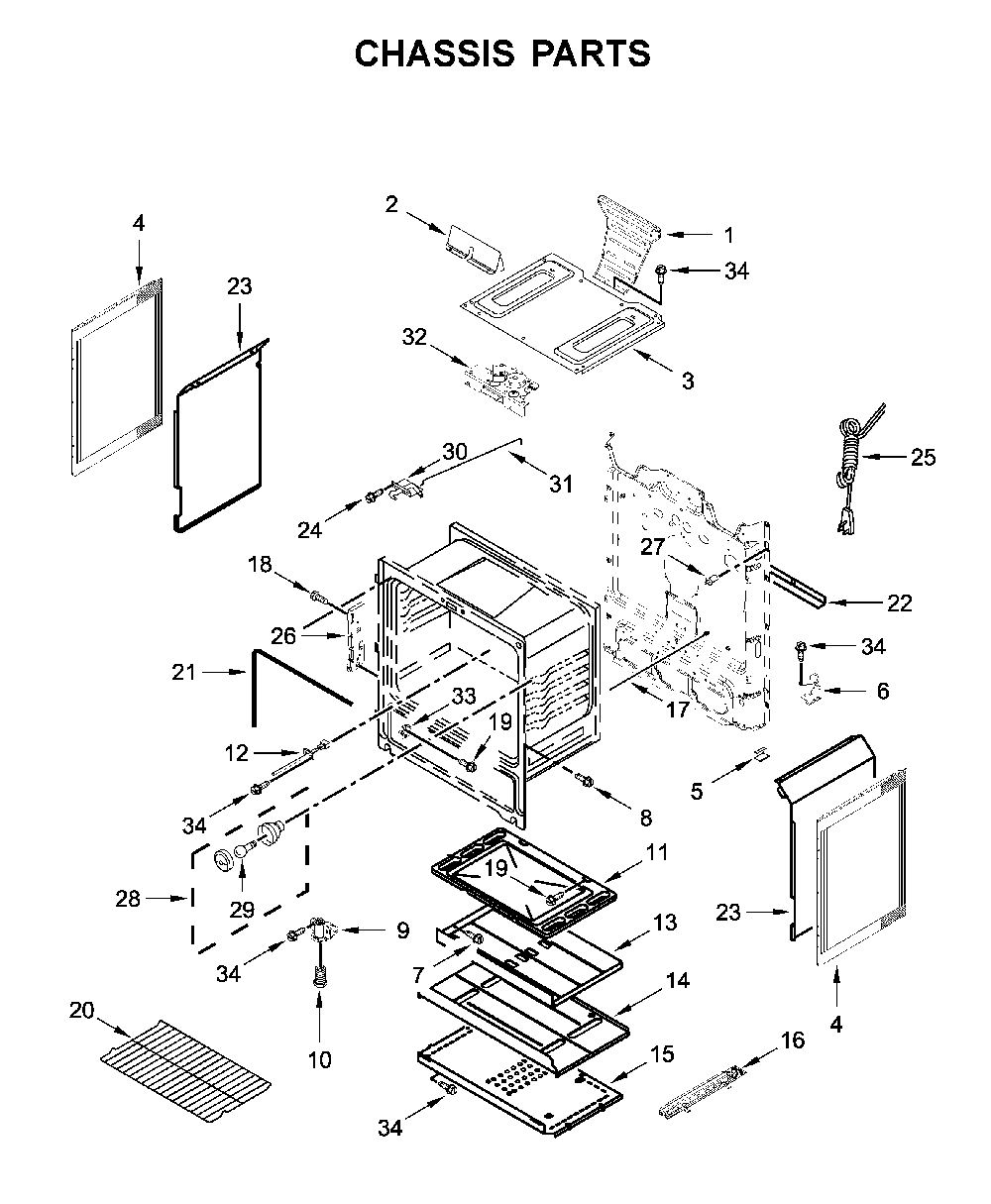 Chassis parts Diagram and Parts List for WFG515S0JS1  Whirlpool Range