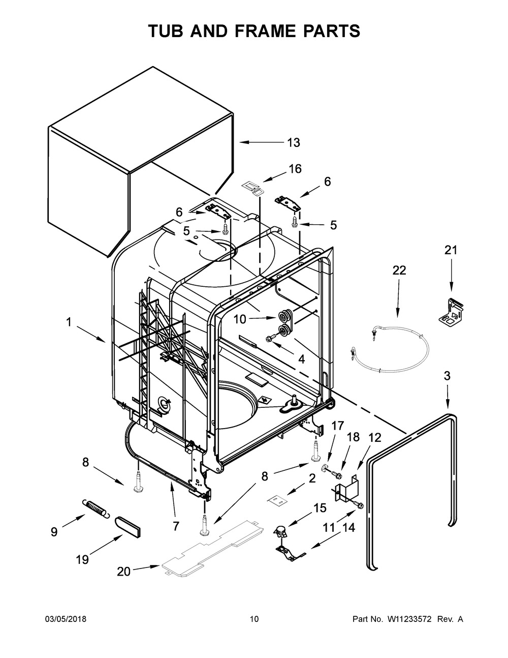 Tub And Frame Parts Diagram and Parts List for WDF330PAHB2  Whirlpool Dishwasher