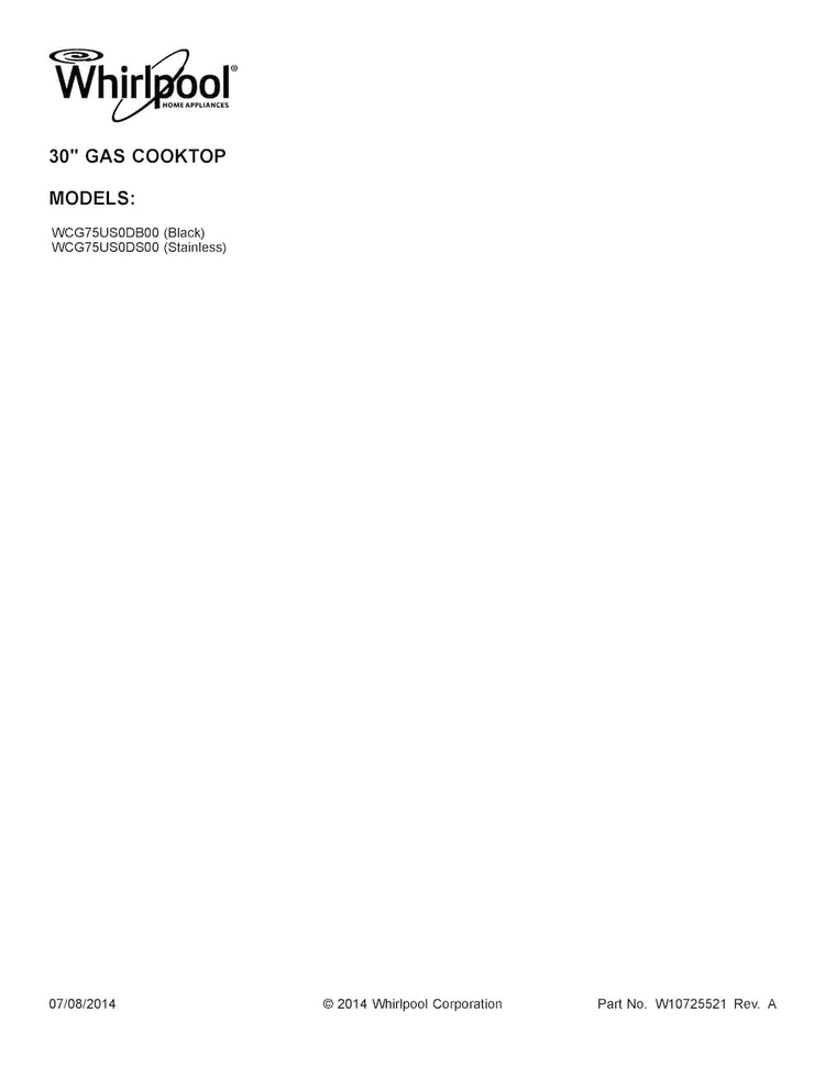 Cover Sheet Diagram and Parts List for WCG75US0DB00  Whirlpool Cooktop