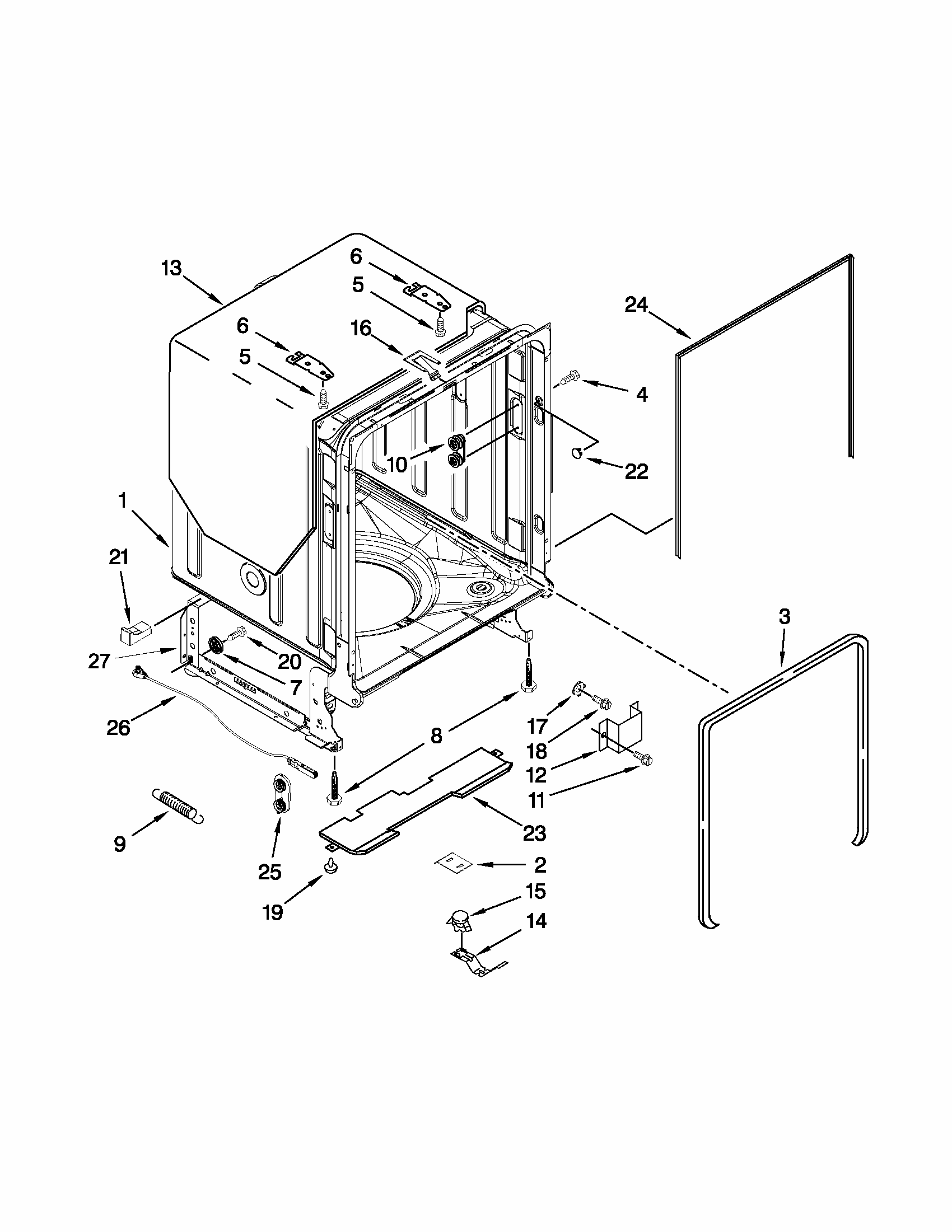 Tub And Frame Parts Diagram and Parts List for 66513259K114  Kenmore Dishwasher