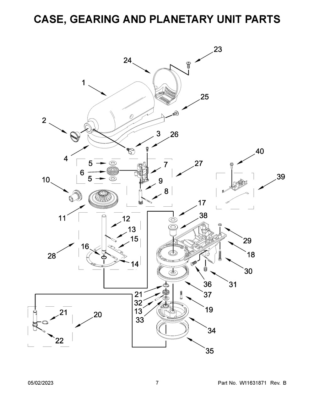 Case, Gearing And Planetary Unit Parts Diagram and Parts List for 5KSM193ADBWH0  KitchenAid Mixer