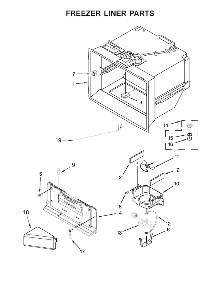 Freezer Liner Parts Diagram and Parts List for WRV986FDEM00  Whirlpool Refrigerator