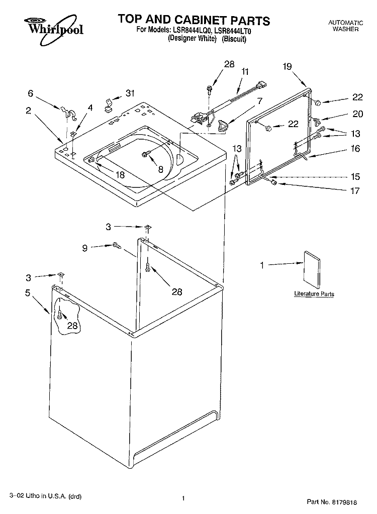 TOP AND CABINET, LITERATURE Diagram and Parts List for LSR8444LT0  Whirlpool Washer