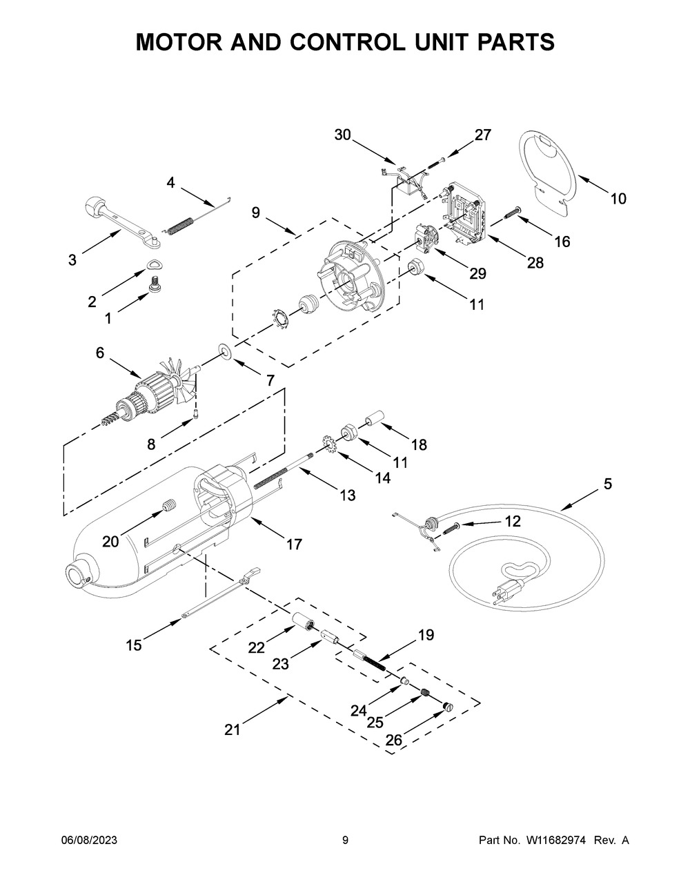 Motor And Control Unit Parts Diagram and Parts List for 5KSM193ADSAG0  KitchenAid Mixer