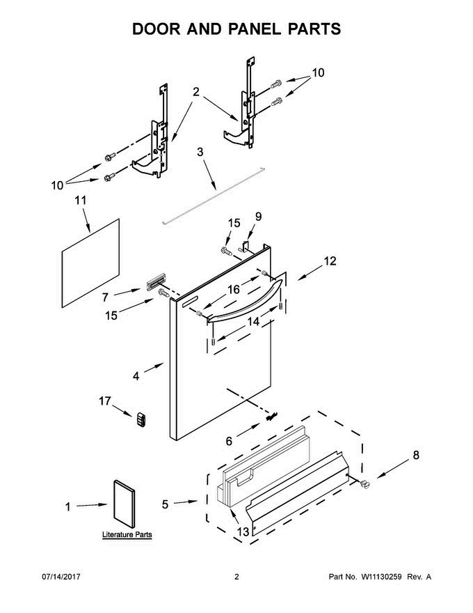 02 - Door And Panel Parts Diagram and Parts List for WDT710PAHW1  Whirlpool Dishwasher