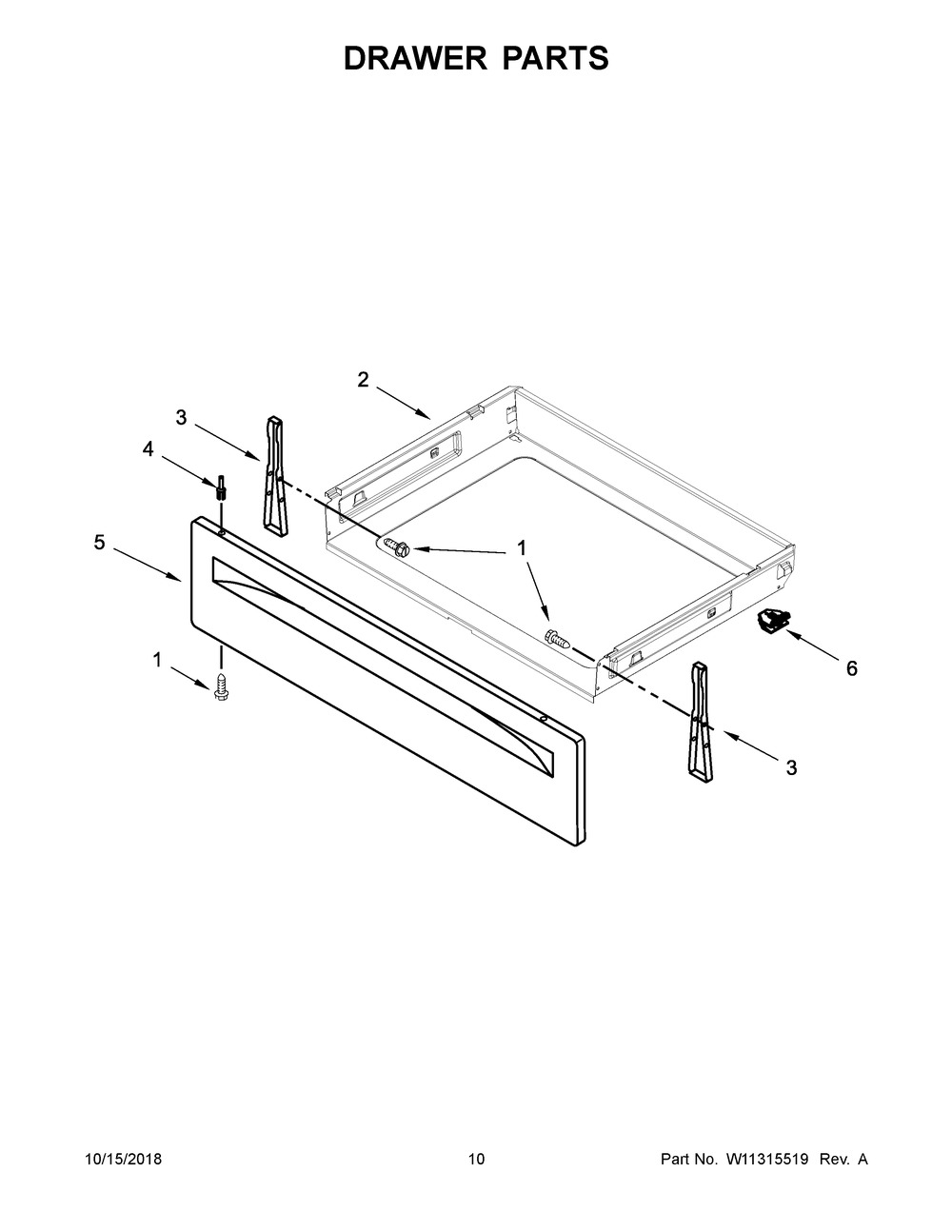 Drawer Parts Diagram and Parts List for WFE525S0HB1  Whirlpool Range