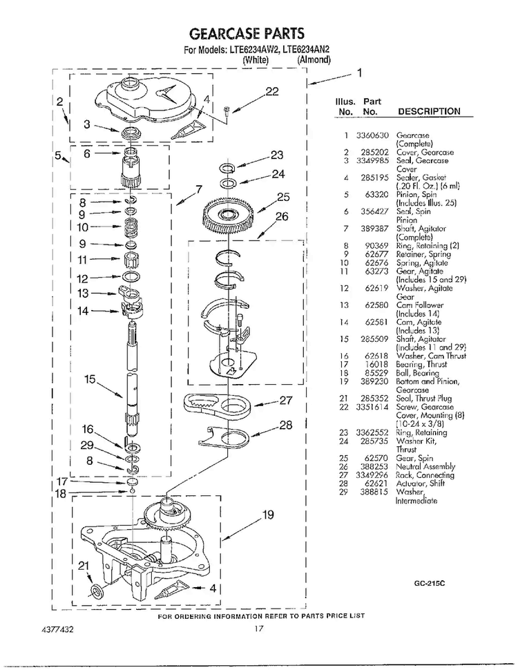 Gearcase Parts Diagram and Parts List for LTE6243AN2  Whirlpool Washer Dryer Combo