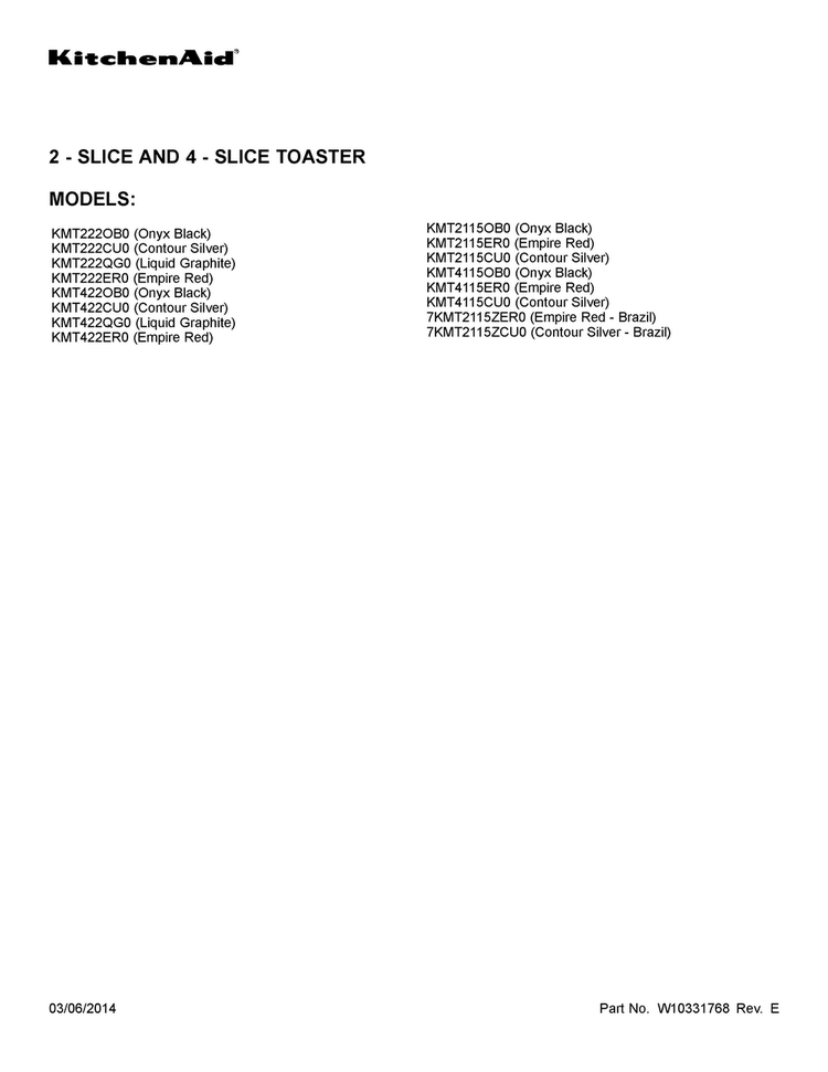 Cover Sheet Diagram and Parts List for 7KMT2115ZCU0  KitchenAid Toaster