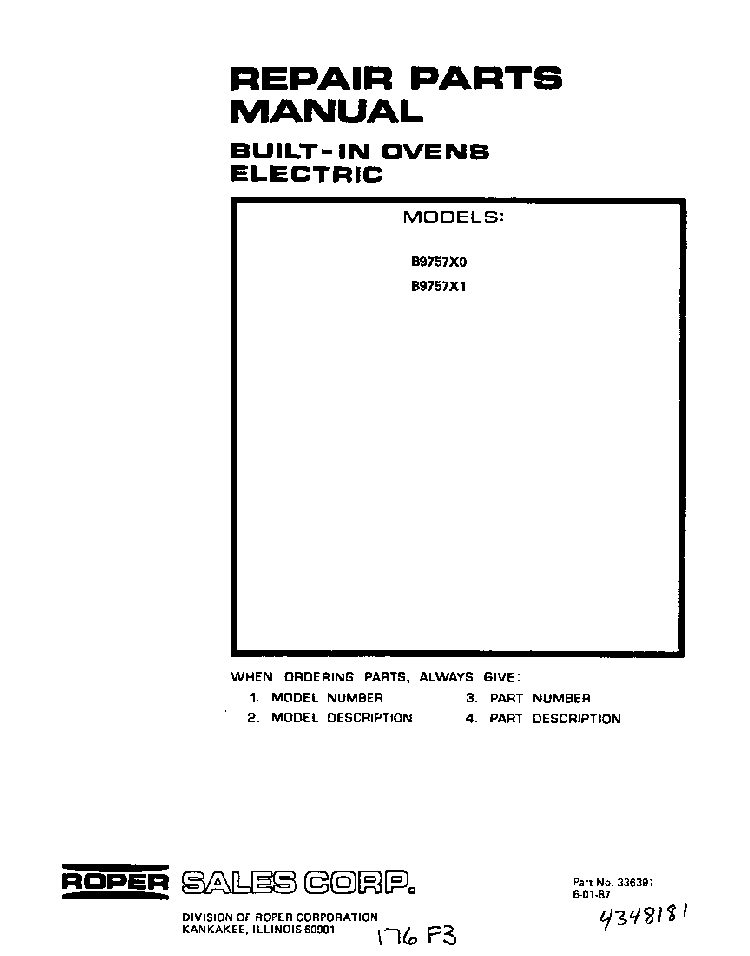 Front Cover Diagram and Parts List for B9757*0  Roper Range