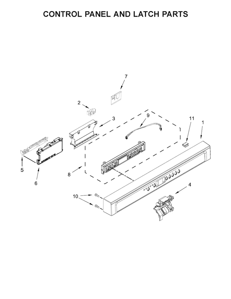 Control Panel And Latch Parts Diagram and Parts List for WDF560SAFM1  Whirlpool Dishwasher