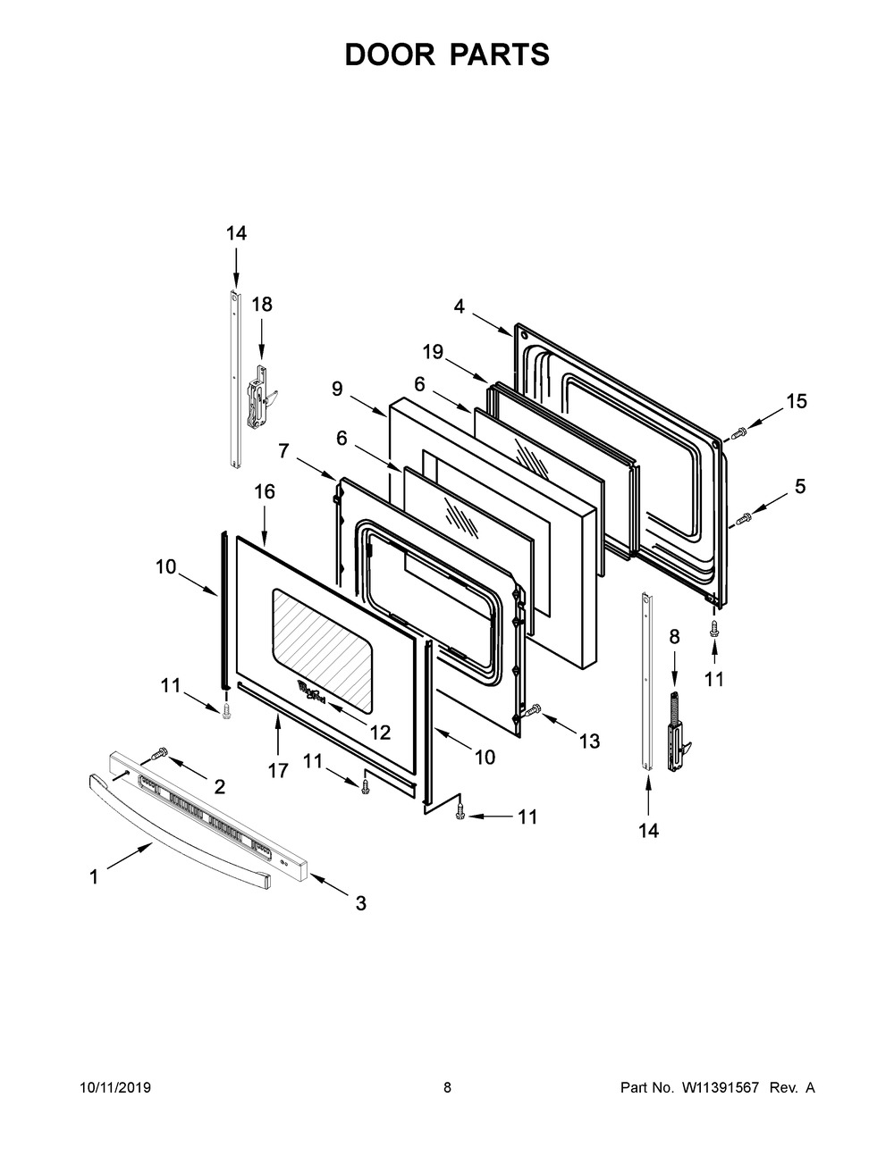 Door Parts Diagram and Parts List for WFE525S0JT0  Whirlpool Range
