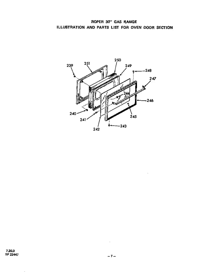 Oven Door Diagram and Parts List for 1453*0A  Roper Range