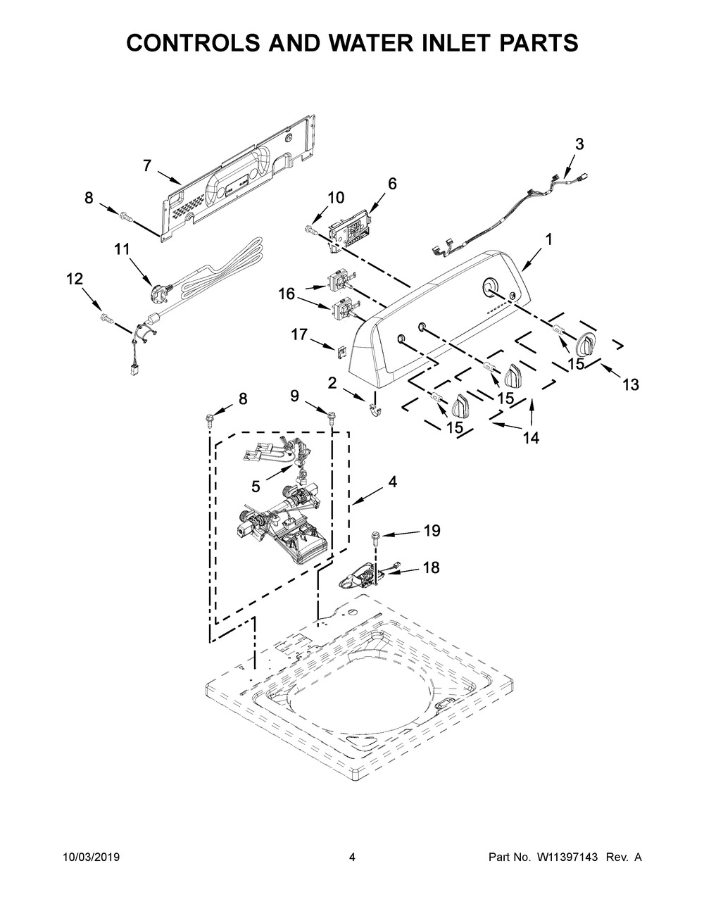 Controls And Water Inlet Parts Diagram and Parts List for 4KWTW5600JW0  Whirlpool Washer