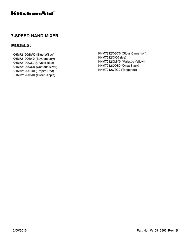 Cover Sheet Diagram and Parts List for KHM7212QTG0  KitchenAid Mixer