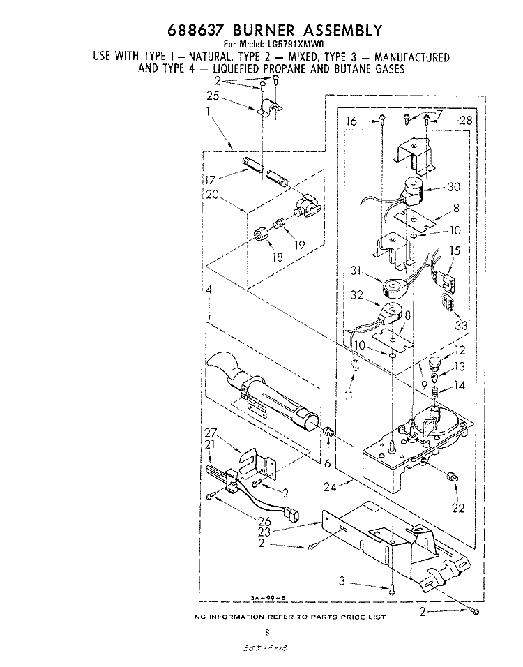688637 BURNER Diagram and Parts List for LG5791XMW0  Whirlpool Dryer