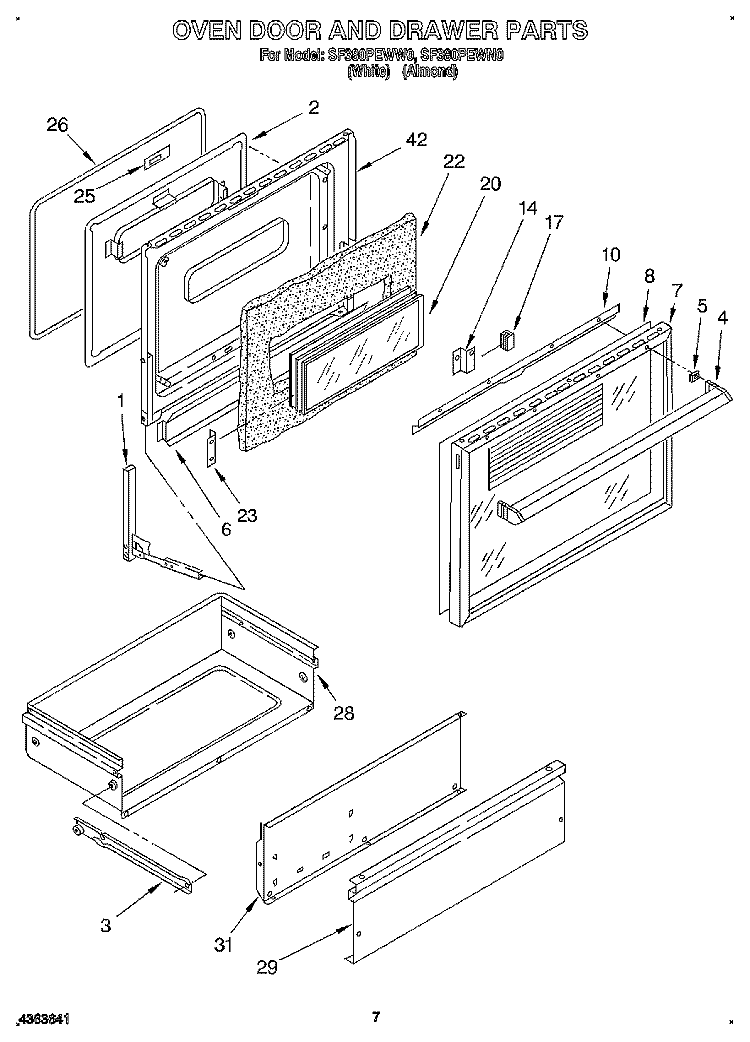 OVEN DOOR AND DRAWER Diagram and Parts List for SF380PEWN0  Whirlpool Range