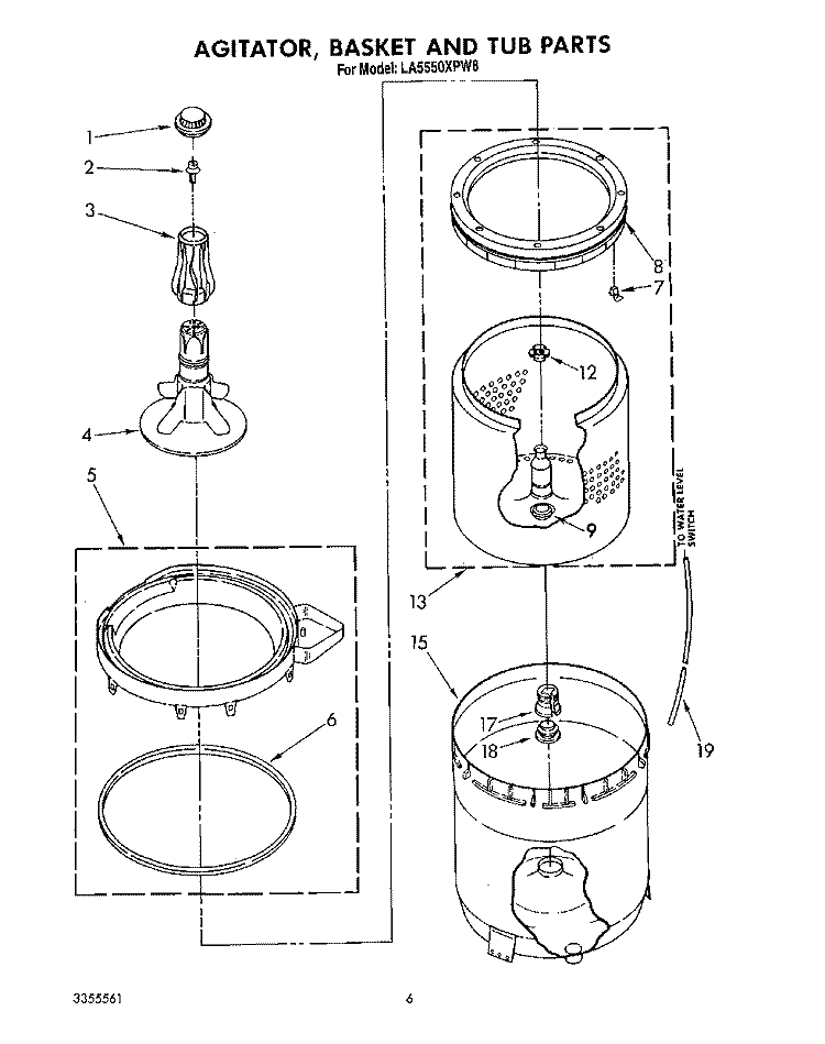 AGITATOR, BASKET AND TUB Diagram and Parts List for LA5550XPW8  Whirlpool Washer