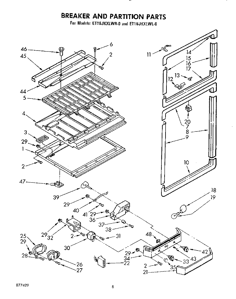 BREAKER AND PARTITION Diagram and Parts List for ET16JKXLWL0  Whirlpool Refrigerator