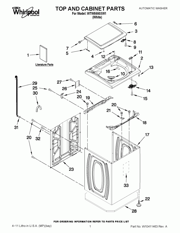 TOP AND CABINET PARTS Diagram and Parts List for WTW5550XW1  Whirlpool Washer