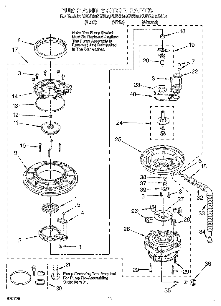 PUMP AND MOTOR Diagram and Parts List for KUDR24SEBL5  KitchenAid Dishwasher