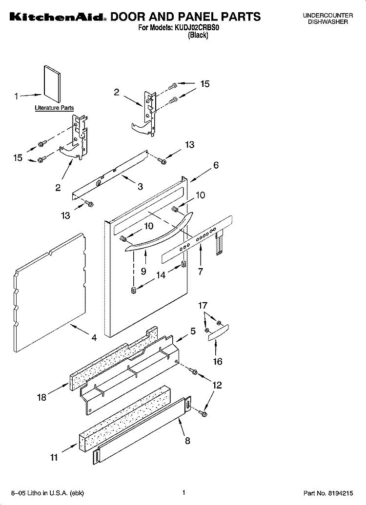 DOOR AND PANEL PARTS Diagram and Parts List for KUDJ02CRBS0  KitchenAid Dishwasher