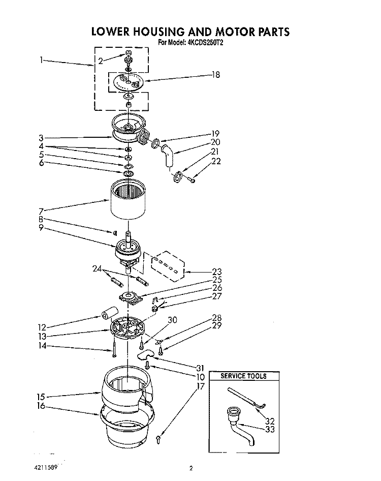 SECTION Diagram and Parts List for 4KCDS250T2  KitchenAid Food Waste Disposer