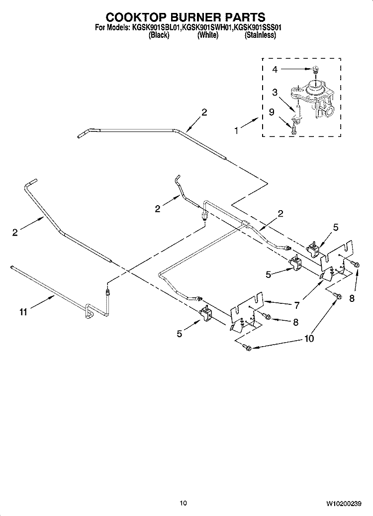 COOKTOP BURNER PARTS Diagram and Parts List for KGSK901SBL01  KitchenAid Range