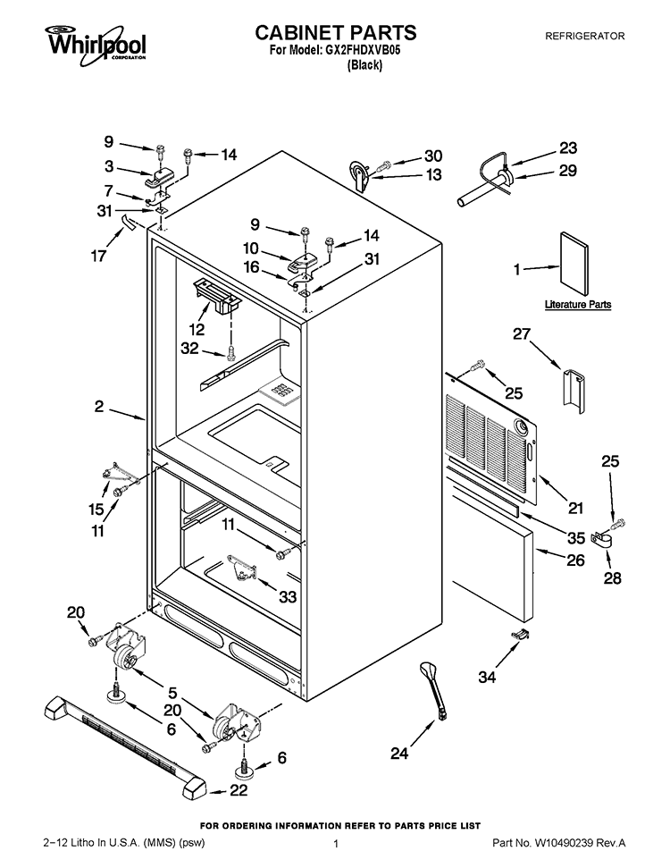 CABINET PARTS Diagram and Parts List for GX2FHDXVB05  Whirlpool Refrigerator