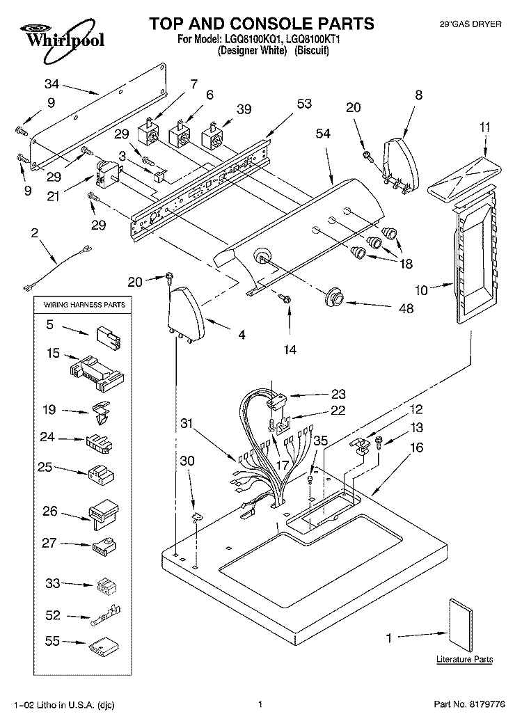 TOP AND CONSOLE, LITERATURE Diagram and Parts List for LGQ8100KQ1  Whirlpool Dryer
