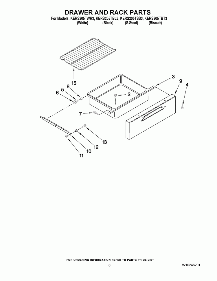 DRAWER AND RACK PARTS Diagram and Parts List for KERS205TBL3  KitchenAid Range