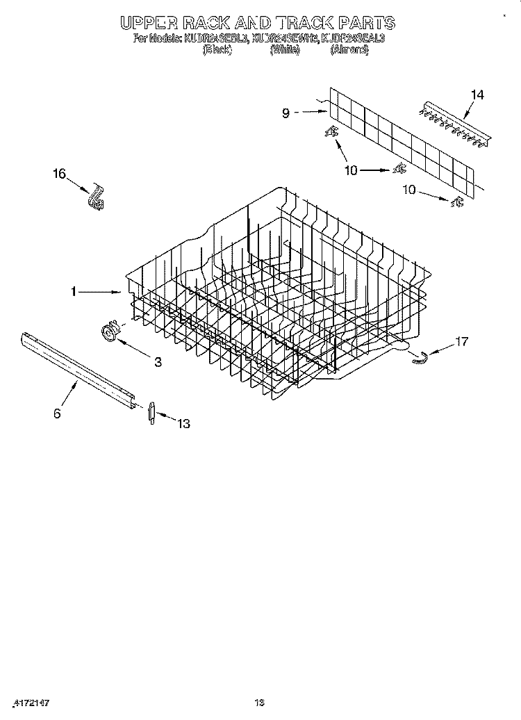 UPPER RACK AND TRACK Diagram and Parts List for KUDR24SEBL3  KitchenAid Dishwasher