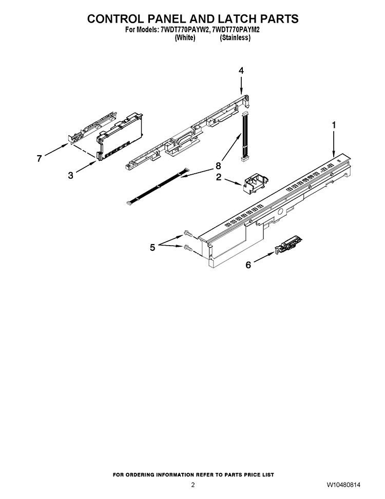 CONTROL PANEL AND LATCH PARTS Diagram and Parts List for 7WDT770PAYW2  Whirlpool Dishwasher