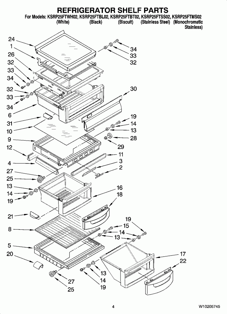REFRIGERATOR SHELF PARTS Diagram and Parts List for KSRP25FTWH02  KitchenAid Refrigerator