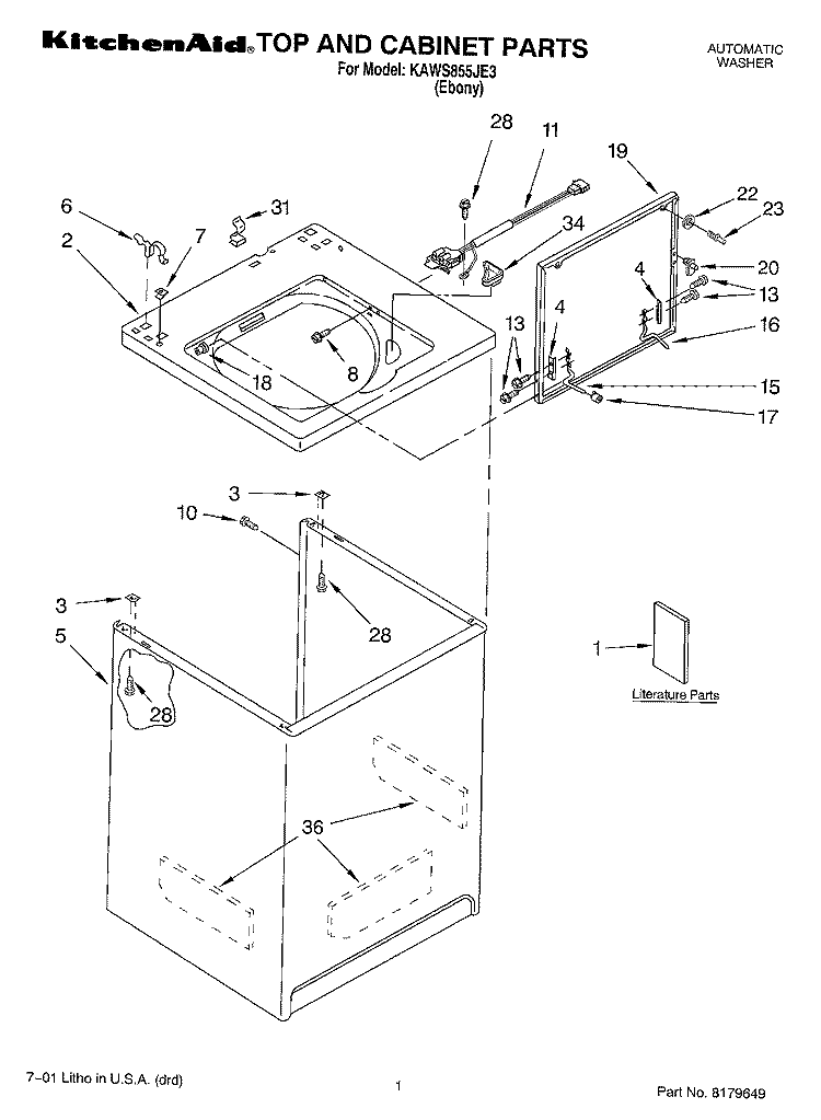 TOP AND CABINET, LITERATURE Diagram and Parts List for KAWS855JE3  KitchenAid Washer