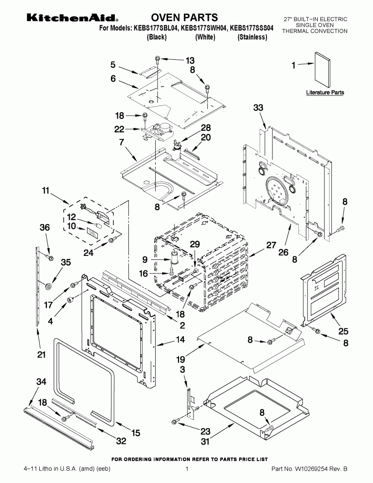 OVEN PARTS Diagram and Parts List for KEBS177SSS04  KitchenAid Wall Oven