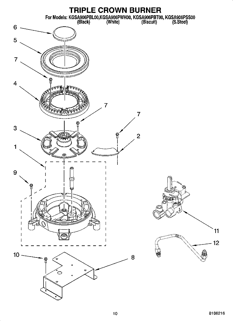 TRIPLE CROWN BURNER Diagram and Parts List for KGSA906PBL00  KitchenAid Range