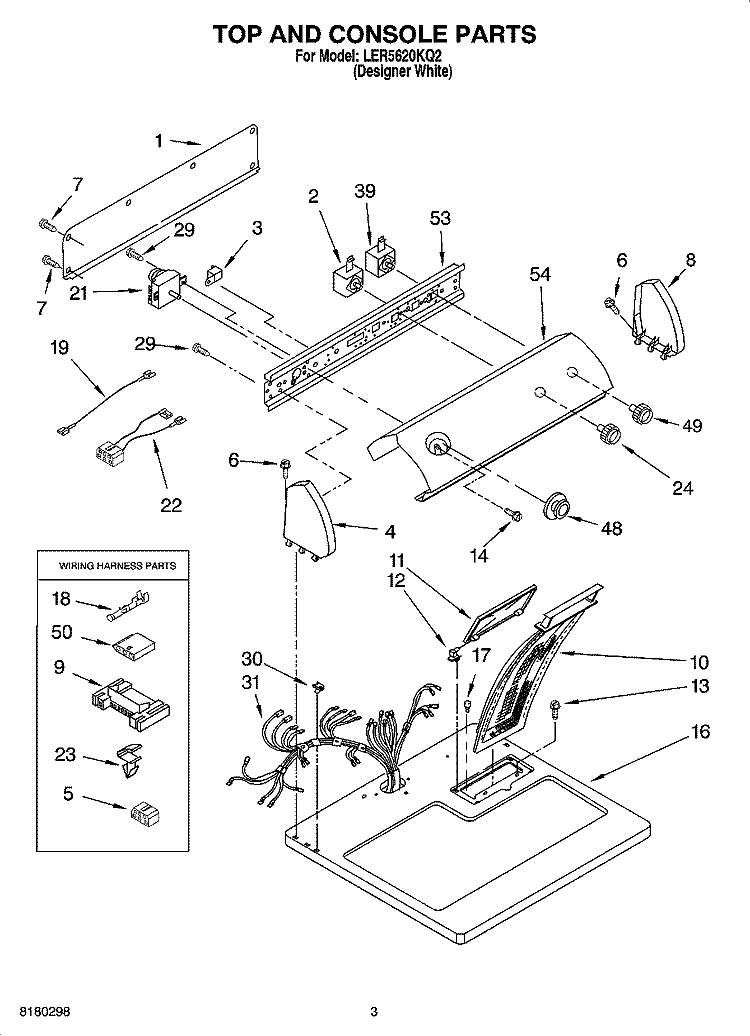 TOP AND CONSOLE PARTS Diagram and Parts List for LER5620KQ2  Whirlpool Dryer