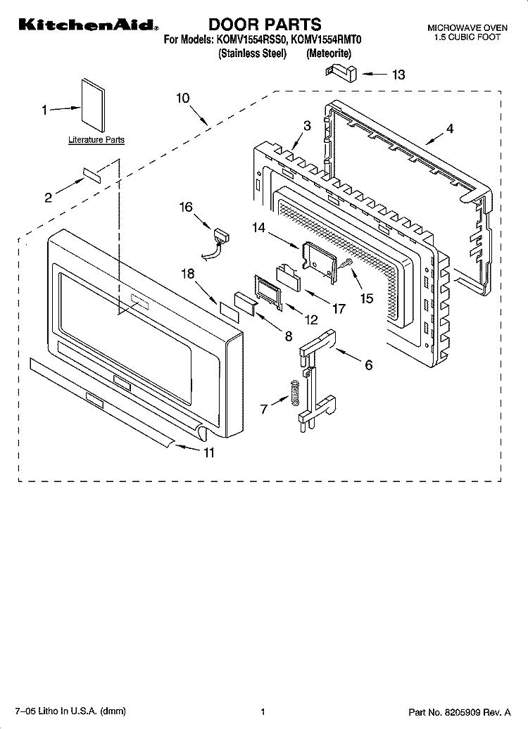 DOOR PARTS Diagram and Parts List for KOMV1554RSS0  KitchenAid Microwave