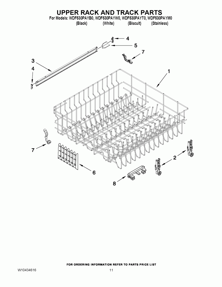 UPPER RACK AND TRACK PARTS Diagram and Parts List for WDF530PAYT0  Whirlpool Dishwasher