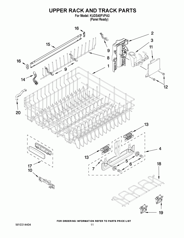 UPPER RACK AND TRACK PARTS Diagram and Parts List for KUDS40FVPA3  KitchenAid Dishwasher
