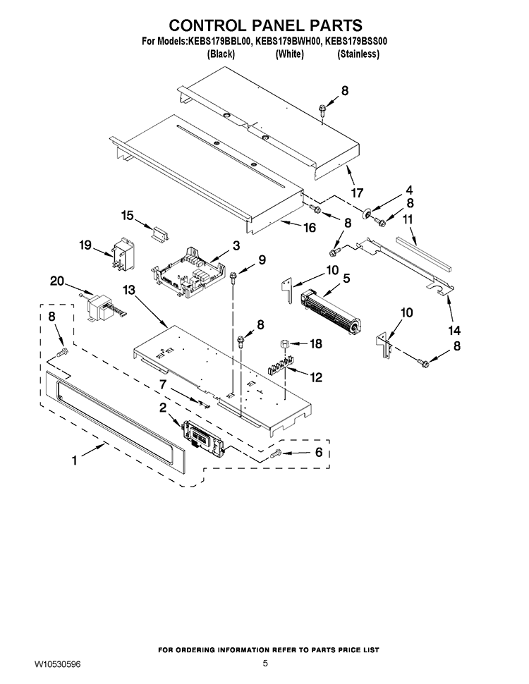 CONTROL PANEL PARTS Diagram and Parts List for KEBS179BWH00  KitchenAid Wall Oven