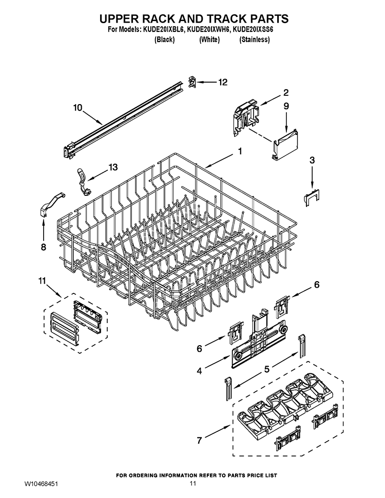 UPPER RACK AND TRACK PARTS Diagram and Parts List for KUDE20IXBL6  KitchenAid Dishwasher