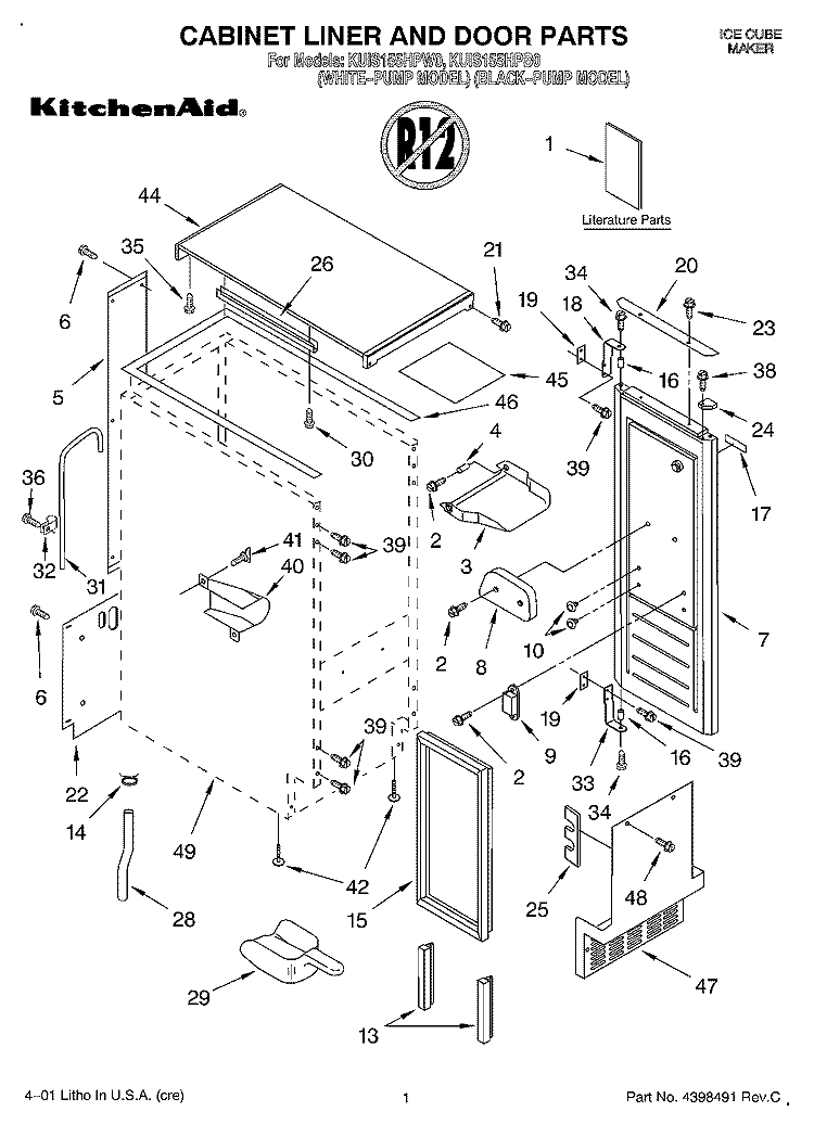CABINET LINER AND DOOR, LIT/OPTIONAL Diagram and Parts List for KUIS155HPB0  KitchenAid Ice Maker