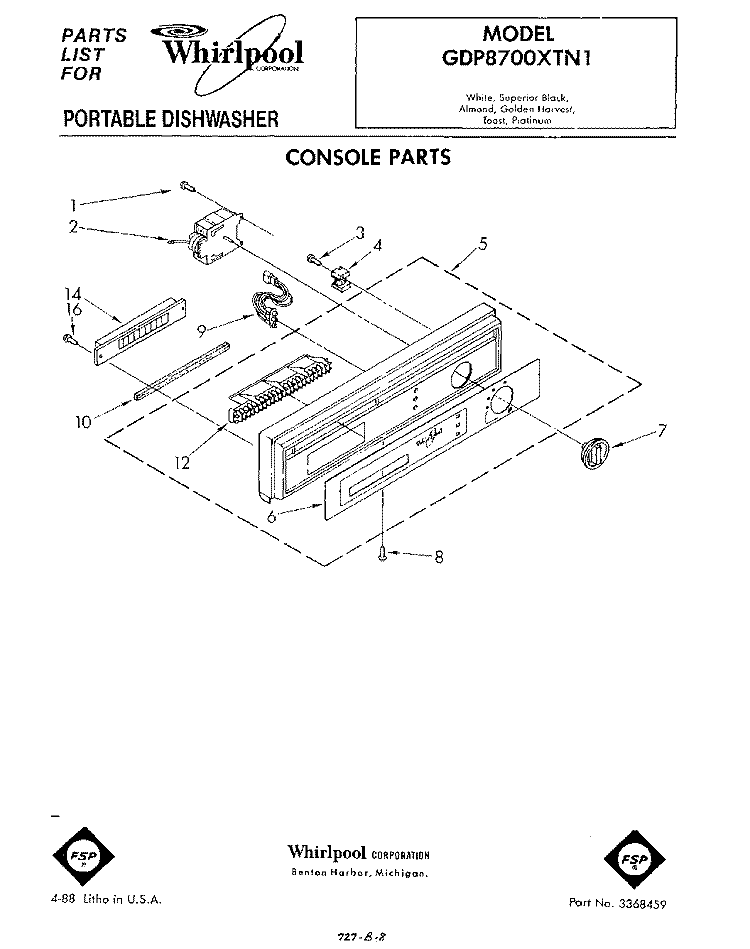 CONSOLE Diagram and Parts List for GDP8700XTN1  Whirlpool Dishwasher