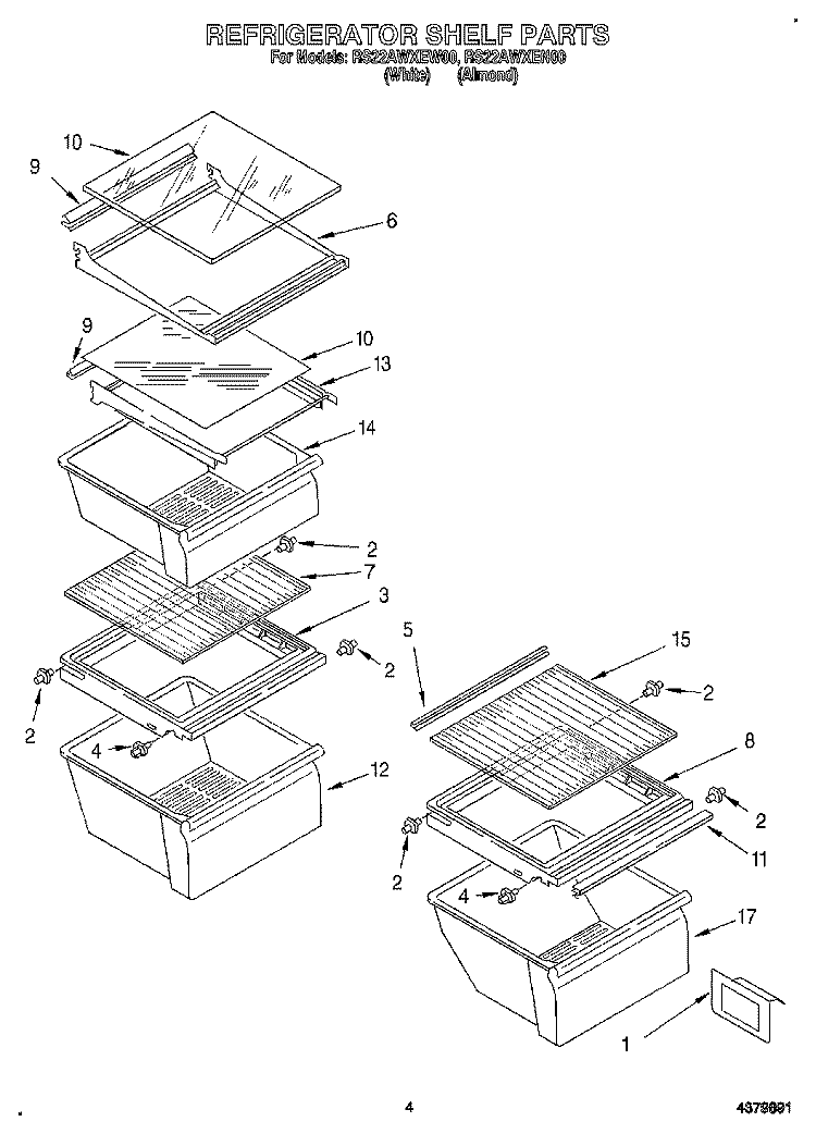 REFRIGERATOR SHELF Diagram and Parts List for RS22AWXEN00  Roper Refrigerator